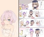  0_0 4girls 4koma :d :t @_@ ^_^ anchor_symbol animal_ears apron arm_up ayanami_(azur_lane) azur_lane bangs bare_shoulders beret black_dress black_hat blush bottle bow brown_hair bunny_ears chibi chocolate closed_eyes closed_mouth comic commander_(azur_lane) commentary_request dress drinking eating eyebrows_visible_through_hair eyes_closed food fork hair_between_eyes hair_bow hat highres holding holding_bottle holding_fork iron_cross jacket javelin_(azur_lane) laffey_(azur_lane) light_brown_hair long_hair marshmallow mixing_bowl multiple_girls nose_blush o_o open_clothes open_jacket open_mouth outstretched_arm peaked_cap pink_apron pink_jacket purple_eyes purple_hair silver_hair sleeveless sleeveless_dress smile spatula striped striped_bow twintails u2_(5798239) v-shaped_eyebrows very_long_hair wavy_mouth white_bow white_hat white_jacket yellow_apron z23_(azur_lane) 