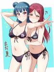  &gt;:) arm_behind_head armpits bangs behind_another bikini black_bikini blue_background blue_hair blush breasts collarbone commentary_request cowboy_shot floral_print front-tie_bikini front-tie_top looking_at_viewer love_live! love_live!_sunshine!! matching_outfit medium_breasts multiple_girls navel outstretched_arm purple_eyes red_hair sakurauchi_riko side-tie_bikini small_breasts squiggle stomach swimsuit translated tsushima_yoshiko turkey_min wavy_mouth yellow_eyes 