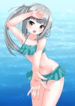  ass_visible_through_thighs bad_hands bare_shoulders bikini blush breasts brown_eyes collarbone commentary_request cowboy_shot error eyebrows_visible_through_hair gradient gradient_background green_bikini grey_hair highres kantai_collection kasumi_(kantai_collection) kaze_makase long_hair looking_at_viewer navel open_mouth polydactyly reaching_out side_ponytail small_breasts solo swimsuit 