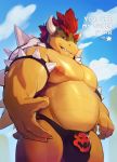  2018 5_fingers anthro areola armlet biceps bowser bulge clenched_teeth clothed clothing cloud collar darkgem english_text eyebrows green_skin hair horn humanoid_hands koopa looking_at_viewer male manly mario_bros multicolored_skin musclegut muscular muscular_male nintendo nipples outside pecs pink_nipples red_eyes red_hair reptile scalie sharp_teeth shell sky snout solo spiked_armlet spiked_collar spiked_shell spikes standing star tan_skin teeth text thick_thighs thong tight_clothing topless triceps turtle video_games white_horn yellow_skin yellow_tail 