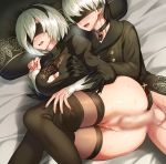  1boy 1girl ass black_hairband black_legwear blindfold bottomless breasts censored choker cleavage covered_eyes curvy feather-trimmed_sleeves gloves hairband hetero juliet_sleeves long_sleeves nier_(series) nier_automata no_pants on_bed penis potato_(sksnabi) puffy_sleeves short_hair sweat testicles thighhighs vaginal white_hair yorha_no._2_type_b yorha_no._9_type_s 