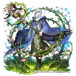  bangs blue_cloak brown_footwear cloak commentary_request flower full_body grass holding holding_staff light_blue_hair looking_at_viewer magic mochaabx official_art open_mouth othellonia petals plant pointy_ears robe sidelocks staff standing transparent_background vines watermark wide_sleeves 