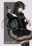  1girl artist_name bangs black_hair black_legwear black_shirt black_skirt bow breasts commentary_request eyebrows_visible_through_hair grey_background hand_up head_tilt highres holding holding_knife knife long_hair long_sleeves medium_breasts orange_bow original parted_lips pleasure_mussel red_eyes shirt skirt solo striped striped_shirt thighhighs two-tone_background vertical-striped_shirt vertical_stripes very_long_hair yandere 