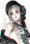  aoin black_flower black_rose bloodborne blush bonnet breasts chromatic_aberration chromatic_aberration_abuse cleavage commentary_request doll_joints flower grey_eyes grey_hair hat hat_flower highres large_breasts off_shoulder parted_lips pink_lips plain_doll rose solo upper_body 