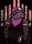  2017 abstract_background absurd_res anthro bear belly biped black_clothing black_nose brown_ears brown_eyes brown_fur clothed clothing digital_media_(artwork) digital_painting_(artwork) dirtyscoundrel front_view fur hair hi_res male mammal pink_hair portable_music_player signature slightly_chubby solo standing year 