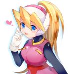  1girl bangs blonde_hair blue_eyes blush breasts ciel_(rockman) eyebrows_visible_through_hair female gloves hair_between_eyes headgear heart high_ponytail large_breasts long_hair open_mouth ponytail rockman rockman_zero sakuraba_(kirsche_x) simple_background smile solo upper_body white_background white_gloves 