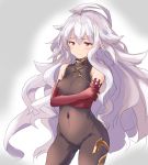  antenna_hair ass_visible_through_thighs bangs bare_shoulders black_bodysuit blush bodysuit breasts closed_mouth commentary_request covered_navel cowboy_shot crossed_arms elbow_gloves frown gloves gradient gradient_background grey_hair hair_between_eyes long_hair looking_away looking_down medusa_(shingeki_no_bahamut) purple_gloves red_eyes shingeki_no_bahamut sketch skin_tight small_breasts solo very_long_hair wavy_hair yu-ves 
