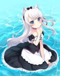  :t absurdres animal_ear_fluff animal_ears apron azur_lane bangs black_bow black_dress blue_eyes blush bow cat_ears closed_mouth commentary_request day detached_sleeves dress eyebrows_visible_through_hair frilled_dress frills hair_bow hair_ribbon hammann_(azur_lane) hand_up highres long_hair looking_at_viewer one_side_up outdoors pout puffy_short_sleeves puffy_sleeves red_ribbon remodel_(azur_lane) ribbon short_sleeves silver_hair sitting solo strapless strapless_dress suzu_(minagi) very_long_hair waist_apron water white_apron 