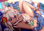  ankle_ribbon barefoot beach bikini blanket commentary_request cooler dark_skin dragon eyebrows_visible_through_hair flower granblue_fantasy hair_flower hair_ornament looking_at_viewer looking_back psychopath_idiot red_eyes ribbon solo sweat swimsuit white_hair zooey_(granblue_fantasy) 