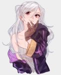  breasts camisole cleavage female_my_unit_(fire_emblem:_kakusei) fire_emblem fire_emblem:_kakusei gloves grey_background hooded_robe itou_(very_ito) leather leather_gloves medium_breasts my_unit_(fire_emblem:_kakusei) off_shoulder red_eyes robe silver_hair simple_background smile solo spaghetti_strap twintails upper_body wide_sleeves 