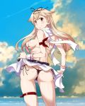  arm_ribbon ass bikini black_ribbon blonde_hair blush breasts brown_eyes cameltoe closed_mouth cloud covered_nipples day eyebrows_visible_through_hair from_behind hair_flaps hair_ribbon kantai_collection long_hair looking_back medium_breasts outdoors red_ribbon remodel_(kantai_collection) ribbon sameha_ikuya scarf side-tie_bikini sky smile solo strap_gap swimsuit thigh_strap thong_bikini water white_scarf wrist_cuffs yuudachi_(kantai_collection) 