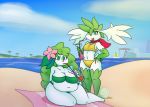  beach beverage big_breasts boat breasts clothing cloud female flat_chested flower fur green_eyes green_hair hair harbor iguanasarecool island leaves legendary_pok&eacute;mon nintendo plant pok&eacute;mon pok&eacute;mon_(species) sand scarf sea seaside shaymin shaymin_(land_form) shaymin_(sky_form) straw swimsuit towel vehicle video_games water white_fur 