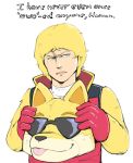  alternate_costume animal_costume blonde_hair blue_eyes commentary english english_commentary frown gloves gundam holding jacket male_focus military military_uniform open_mouth quattro_vageena red_gloves red_jacket scar short_hair simple_background sleeveless smile solo sunglasses tongue tongue_out turtleneck uniform upper_body white_background yellow_fur zeta_gundam zoro_fab 