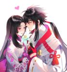  1girl ahoge azai_nagamasa_(sengoku_basara) black_hair blush closed_eyes commentary_request couple fingerless_gloves gloves heart japanese_clothes kangetsu_(fhalei) kimono long_hair long_sleeves oichi_(sengoku_basara) parted_lips ponytail purple_eyes red_gloves sengoku_basara simple_background smile tassel watermark white_background 