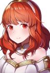  bare_shoulders celica_(fire_emblem) closed_mouth commentary_request detached_collar fire_emblem fire_emblem_echoes:_mou_hitori_no_eiyuuou hair_ornament hairband highres long_hair red_eyes red_hair ringozaka_mariko simple_background smile solo white_background 