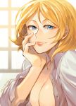  302 alternate_breast_size bad_id bad_twitter_id blonde_hair blue_eyes breasts chin_rest cleavage dated gundam highres large_breasts sayla_mass short_hair solo sunlight twitter_username upper_body window zeta_gundam 