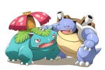  ambiguous_gender blastoise blue_skin blush claws digital_media_(artwork) duo fangs leaf nintendo on_ice_(artist) open_mouth pok&eacute;mon pok&eacute;mon_(species) red_eyes sharp_teeth simple_background smile standing teeth tongue venusaur video_games white_background 