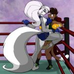  2019 anthro black_nose boxing boxing_gloves bra breasts brown_eyes brown_fur brown_hair cat chloe_sinclaire clothing deborah_bispo dipstick_tail duo eye_contact eyebrows eyelashes feline female fighting_ring footwear fur grey_fur hair mammal mephitid multicolored_fur multicolored_tail pink_nose shorts signature skunk sport sports_bra striped_skunk two_tone_fur two_tone_tail underwear wendel_fragoso white_fur white_hair 