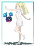  blonde_hair blush_stickers commentary_request cosmog from_side gen_7_pokemon green_eyes hari611 highres lillie_(pokemon) long_hair looking_to_the_side pokemon pokemon_(creature) pokemon_(game) pokemon_sm ponytail shirt short_sleeves simple_background skirt standing standing_on_one_leg white_background white_shirt white_skirt 