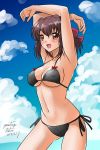  armpits arms_behind_head bangs bikini black_bikini blue_sky brown_eyes brown_hair cloud collarbone covered_nipples cowboy_shot dated day girls_und_panzer headband kondou_taeko looking_at_viewer matsui_yasutsugu navel open_mouth outdoors red_headband short_hair side-tie_bikini signature sky smile solo swimsuit 