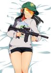  absurdres assault_rifle black_hair brown_eyes commission frown gun hat highres jcm2 long_hair lying m4_carbine on_back original rifle safety_glasses short_shorts shorts solo star sweater trigger_discipline weapon 