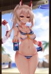  absurdres ayanami_(azur_lane) azur_lane bad_id bad_pixiv_id bangs bare_shoulders bikini blue_sky blurry blurry_background blush breasts cafe_pretor can cleavage closed_mouth cloud commentary_request condensation cowboy_shot day depth_of_field eyebrows_visible_through_hair hair_between_eyes headgear highres hips holding holding_can indoors lifebuoy light_brown_hair long_hair looking_at_viewer medium_breasts navel neckerchief pepsi pink_scrunchie ponytail red_eyes scrunchie sidelocks sky solo standing striped striped_bikini_bottom swimsuit white_bikini wrist_scrunchie yellow_neckwear 