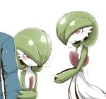  1boy blush creatures_(company) flat_chest flying_sweatdrops game_freak gardevoir gen_3_pokemon green_hair hair_over_one_eye highres looking_at_another looking_at_viewer looking_to_the_side multiple_views nintendo o_o pokemon pokemon_(creature) red_eyes shiny shiny_hair short_hair simple_background sleeve_tug standing sweat tazonotanbo tsundere wavy_mouth white_background 