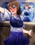  alternate_hairstyle anger_vein armor blue_skirt blush brown_hair commentary_request cracked_wall embarrassed eyebrows_visible_through_hair full-face_blush hair_between_eyes hair_down highres japanese_clothes kaga_(kantai_collection) kantai_collection long_sleeves muneate out_of_frame partial_commentary poster_(object) skirt solo yellow_eyes zanntetu 
