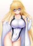  bespectacled black-framed_eyewear blonde_hair blue_eyes breasts commentary_request competition_swimsuit covered_navel cowboy_shot fate/grand_order fate_(series) glasses highleg highleg_swimsuit highres jacket jeanne_d'arc_(fate)_(all) jeanne_d'arc_(swimsuit_archer) large_breasts long_hair masatoki one-piece_swimsuit solo swimsuit track_jacket whistle whistle_around_neck white_jacket white_swimsuit 