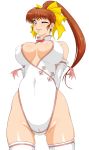  90s alternate_costume arm_behind_back bangs bare_shoulders blush bow breasts brown_eyes brown_hair cleavage cleavage_cutout commentary_request cropped_legs crotch elbow_gloves gloves hair_ribbon highleg highleg_leotard highres leotard long_hair mana_(muten_no_kaito) meea muten_no_kaito no_bra one_eye_closed pink_bow ponytail red_bow ribbon sleeveless smile solo standing thighhighs thighs white_background white_gloves white_legwear white_leotard yellow_ribbon 