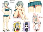 3girls admiral_(kantai_collection) asashio_(kantai_collection) ass ass_visible_through_thighs barefoot bikini black_hair blush bondo_(borndragon) breasts closed_mouth collarbone commentary_request dress eyebrows_visible_through_hair green_bikini grey_hair groin hair_between_eyes hat jacket kantai_collection kasumi_(kantai_collection) kiyoshimo_(kantai_collection) long_hair long_sleeves looking_at_viewer military military_hat military_jacket military_uniform multiple_girls multiple_views naval_uniform navel open_mouth pinafore_dress remodel_(kantai_collection) sandals school_uniform shirt side_ponytail small_breasts sparkling_eyes squatting swimsuit translation_request uniform white_jacket white_shirt 