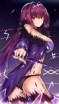  ass black_panties blush breasts commentary dress farys_(afopahqfw) fate/grand_order fate_(series) fur-trimmed_dress highres large_breasts long_hair looking_at_viewer looking_back panties purple_dress purple_hair purple_legwear red_eyes runes scathach_(fate)_(all) scathach_skadi_(fate/grand_order) solo strapless strapless_dress sweatdrop thighhighs tiara torn_clothes torn_dress torn_legwear underwear wand 
