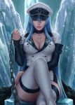  2018 absurdres akame_ga_kill! artist_name bangs black_choker blue_eyes blue_hair blurry boots breasts chain chest_tattoo choker cleavage collarbone cross crossed_legs depth_of_field double-breasted esdeath fingernails hair_between_eyes hand_on_own_thigh hat highres holding ice lips long_hair long_sleeves looking_at_viewer medium_breasts military military_uniform nose parted_lips peaked_cap pov realistic sciamano240 shirt sidelocks signature sitting sleeves_past_wrists smile solo tattoo thigh_boots thighhighs thighs uniform very_long_hair white_footwear white_hat white_shirt 