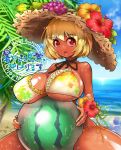  :o aki_minoriko ball bare_shoulders beach beachball bikini blonde_hair blurry breast_rest breasts commentary_request corsage day depth_of_field flower food food_themed_clothes frilled_bikini frills fruit grapes hat hibiscus highres huge_breasts leaf_print neck_ribbon ocean open_mouth palm_tree red_eyes ribbon shiny shiny_skin short_hair side-tie_bikini sitting solo straw_hat string_bikini summer sun_hat swimsuit tan touhou tree umigarasu_(kitsune1963) wet 