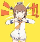  bangs blue_sailor_collar blush_stickers bra breasts brown_eyes brown_hair buttons cowboy_shot dokan_(dkn) dot_nose dress emphasis_lines grin hands_up headgear index_finger_raised kantai_collection long_sleeves looking_at_viewer neckerchief open_mouth orange_neckwear panties raised_eyebrows sailor_collar sailor_dress school_uniform see-through see-through_silhouette short_dress short_hair simple_background single_horizontal_stripe sleeve_cuffs small_breasts smile solo speaking_tube_headset standing thigh_gap training_bra translation_request underwear white_bra white_dress white_panties wide_hips yellow_background yukikaze_(kantai_collection) 