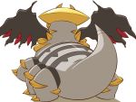  6_legs ambiguous_gender black_sclera claws digital_media_(artwork) feral giratina giratina_(altered_form) horn legendary_pok&eacute;mon nintendo on_ice_(artist) pok&eacute;mon pok&eacute;mon_(species) rear_view simple_background solo tongue video_games white_background wings 