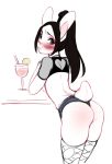  alcohol anthro beverage blue_eyes blush brown_hair butt clothed clothing cocktail crop_top female fishnet francis_(frenky_hw) frenky_hw fur hair lagomorph legwear looking_back mammal ponytail rabbit restricted_palette shirt shorts simple_background sketch skimpy solo standing stockings white_background white_fur 