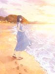  :d beach black_hair blue_dress brown_eyes commentary dress dress_lift from_side full_body highres lifted_by_self looking_at_viewer looking_to_the_side ocean open_mouth original ryuga_(balius) sandals short_hair short_sleeves smile solo sunset 