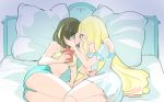  ass bangs bare_shoulders bed bedroom blonde_hair blush bra breasts chorimokki cuddling dress facing_another green_eyes green_shorts grey_eyes hands_on_another's_face imminent_kiss lillie_(pokemon) long_hair lying midriff mizuki_(pokemon) multiple_girls navel on_bed on_side open_mouth pillow pokemon pokemon_(game) pokemon_sm rotom rotom_dex short_hair shorts simple_background smile underwear yuri 