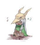  bandages barefoot bowl cape chibi closed_eyes dark_skin eighth_note facing_viewer gameplay_mechanics green_cape highres long_hair musical_note pestle shuiping_anding_mian simple_background sitting skull skull_hat slay_the_spire solo the_silent very_long_hair white_background white_hair 