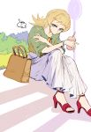  302 absurdres bag blonde_hair blue_eyes bracelet bush clock cup dated drinking_straw eyewear_hang gundam gundam_tekketsu_no_orphans handbag high_heels highres jewelry julietta_juris loose_clothes signature sitting solo stairs sunglasses 