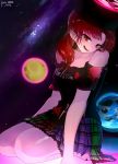  arm_support asuku_(69-1-31) bare_legs bare_shoulders breasts chain choker cleavage clothes_writing collarbone commentary_request earth_(ornament) eyebrows_visible_through_hair head_tilt hecatia_lapislazuli highres kneeling long_hair medium_breasts moon_(ornament) multicolored multicolored_clothes multicolored_skirt off-shoulder_shirt open_mouth pointy_ears red_eyes red_hair shirt skirt smile solo space touhou 