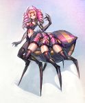  arachne black_legwear blonde_hair bow_(bhp) breasts claws closed_mouth commentary drill_hair elbow_gloves extra_eyes gloves hand_up highres horns insect_girl large_breasts looking_at_viewer monster_girl multicolored_hair navel original pink_eyes pink_hair purple_gloves smile solo spider_girl standing thighhighs twin_drills two-tone_hair 