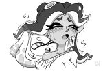  blush closed_eyes commentary domino_mask english_commentary fang grey_background greyscale hime_(splatoon) iida_(splatoon) imminent_bite looking_at_another mask mole mole_under_mouth monochrome multiple_girls namuro off_shoulder open_mouth splatoon_(series) splatoon_2 tentacle_hair trembling upper_body white_background yuri 
