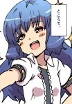  blue_hair blush_stickers bow bowtie comic hinanawi_tenshi long_hair no_hat no_headwear puffy_short_sleeves puffy_sleeves red_eyes short_sleeves solo touhou translated upper_body yanagida_fumita 