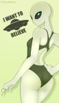  2018 3_fingers alien bald biped black_eyes breasts butt clothing digital_drawing_(artwork) digital_media_(artwork) empty_eyes english_text female grey_alien grey_skin hand_on_hip hi_res humanoid lighting looking_back mouthless no_sclera not_furry one-piece_swimsuit pinup portrait pose rear_view shadow side_boob simple_background small_breasts small_waist solo standing swimsuit tan_background tan_theme text the_x-files three-quarter_portrait toony url whygena 