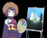  afro black_background bob_ross closed_mouth commentary_request fate/grand_order fate_(series) fur_collar holding japanese_clothes jitome katsushika_hokusai_(fate/grand_order) kimono long_sleeves looking_at_viewer obi oyaji-sou painting_(object) palette purple_eyes purple_hair purple_kimono sash short_hair sketch solo standing the_joy_of_painting trait_connection wig 