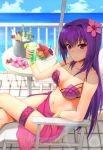  beach_chair bikini blush bottle bracelet breasts cleavage collarbone commentary_request crab cup drinking_glass fate/grand_order fate_(series) flower food fruit grapes hair_flower hair_ornament holding holding_cup ice_bucket jewelry kinata_1 large_breasts lemon lemon_slice long_hair looking_at_viewer navel ocean orange orange_slice purple_bikini purple_hair purple_sarong railing red_eyes sarong scathach_(fate)_(all) scathach_(swimsuit_assassin)_(fate) sitting smile solo swimsuit table thigh_strap 