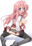  1girl anus ass bent_over blush breasts feet glasses huge_breasts ishikei kneeling long_hair looking_at_viewer looking_back lucky_star nipples no_shoes open_mouth pantyhose pink_hair presenting purple_eyes pussy school_uniform serafuku takara_miyuki torn_clothes torn_pantyhose 