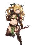  arrow black_bow blonde_hair blue_eyes bow bow_(weapon) bra brown_footwear brown_gloves brown_legwear elf flat_chest full_body gloves green_bra hair_bow highres holding holding_bow_(weapon) holding_weapon houtengeki long_hair looking_at_viewer navel original parted_lips pelvic_curtain pointy_ears quiver shoulder_pads simple_background solo standing standing_on_one_leg thighhighs twintails two_side_up underwear weapon white_background 